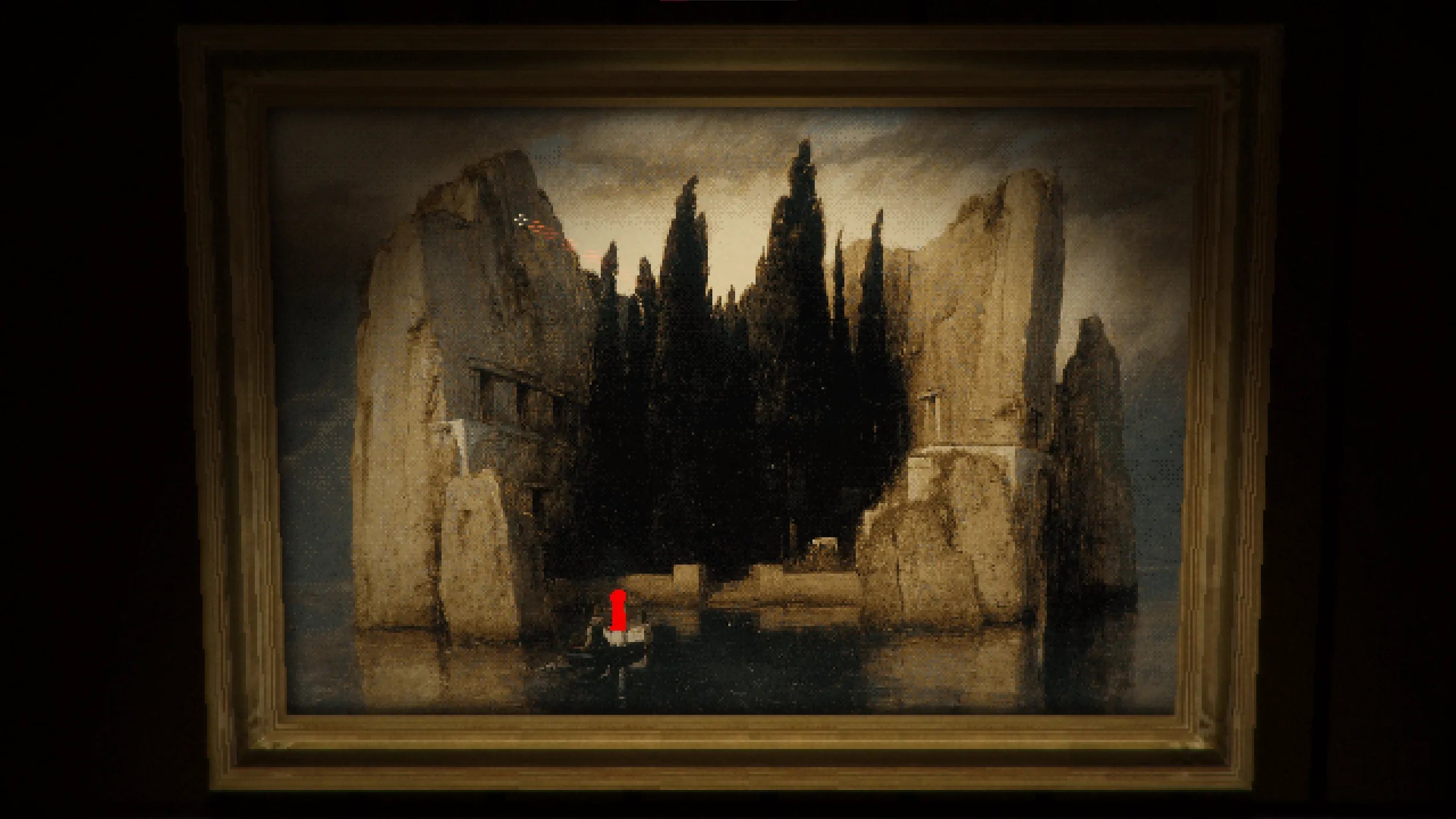 Signalis reinterpretation of Isle of the Dead, by Arnold Böcklin.