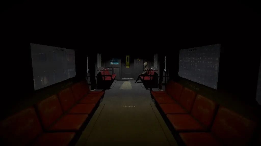 An empty train with a girl sitting far away from the player.